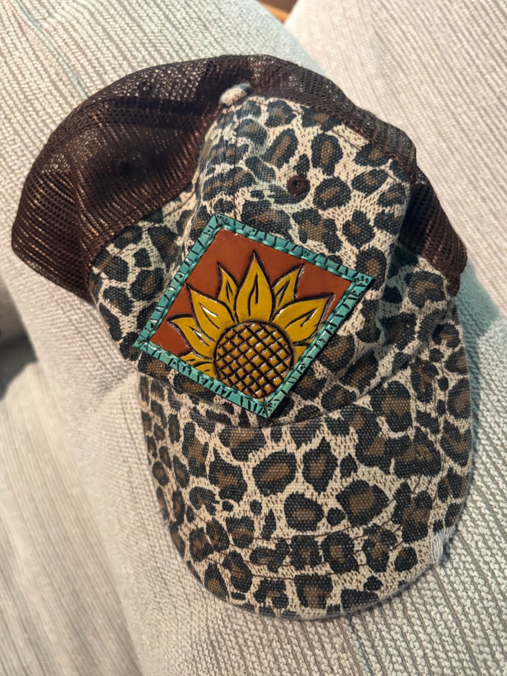 Turquoise Sunflower Patch Leopard Print Distressed Trucker Hat Fall Boho